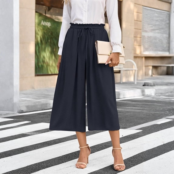 Stralyhd Womens Wide Leg Capris Pants Breathable Button Fly Casual 3/4 Pants Fashion Vacation Trousers 2026 Summer Linen Pants with Side Pockets Navy S