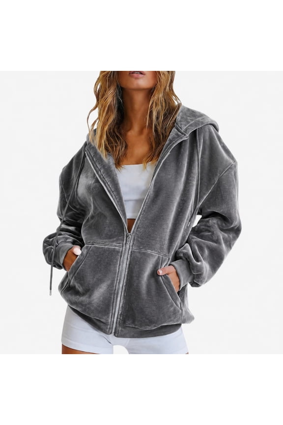 Y2K Velvet Sweat Jacket Women's Hooded Pullover Long Sleeve Zip Front Velour Jacket Streetwear Sweatshirt Zip Hoodie Gray XL