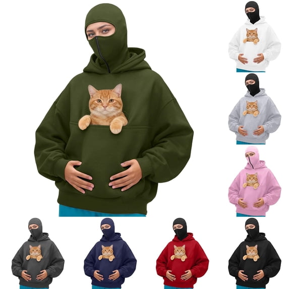 Stralyhd Zipper Masked Pet Pouch Hoodie for Women Cozy Soft Kitten Puppy Holder Sweatshirt Sharpa Warm Pet Care Hoodie Long Sleeve Animal Holder Pullover Army Green M