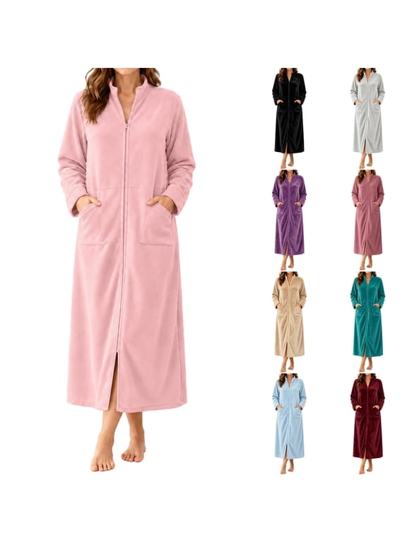 Zipper Womens Robes House Long Sleeve Robe Lightweight Fleece Bathrobe Plus Size Zip Up Bathrobes Surgery Plush Coat Purple XL