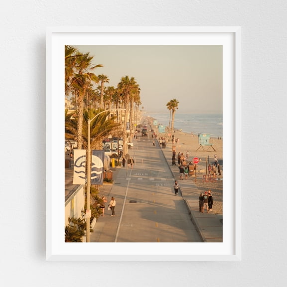 The Strand, Oceanside - Oceanside California Photography Boardwalk Beach Sunset Palm Tree Coastal Seaside Beach House White Framed Wall Art Print 12 x 16 inches