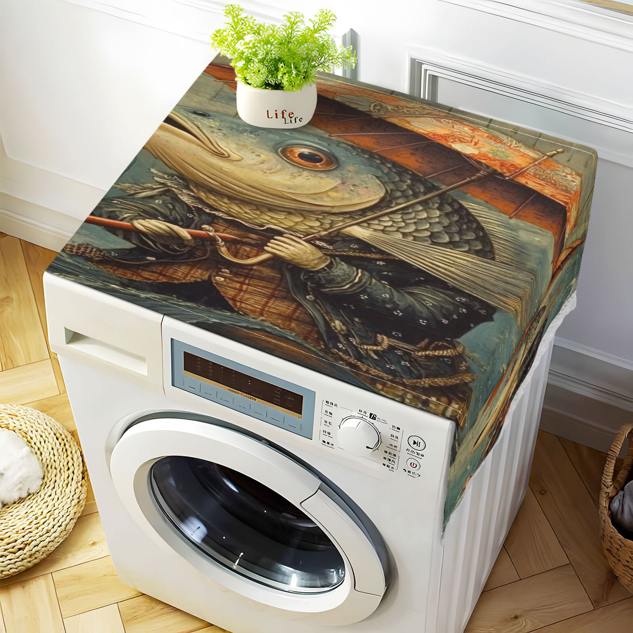 Strange FishWasher and Dryer Covers Dust-Proof and Oil Resistant Fridge Cover with 4 Storage Pockets Washing Machine Top Cover for Laundry Kitchen Home 51.2 x 22 In