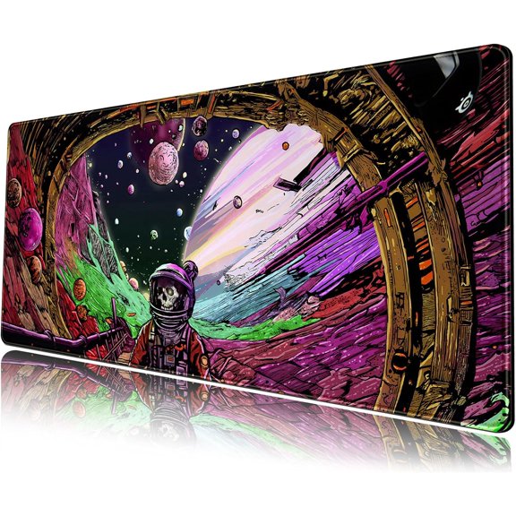 Strange Planet Desk Mat Space Scene Large Gaming Mouse Pad Extended Anime Vibrant Colors Desk Pad Futuristic Spaceship Mousepad XL Cosmic Adventure Skeleton Keyboard Mouse Mat 31.5"x11.8"
