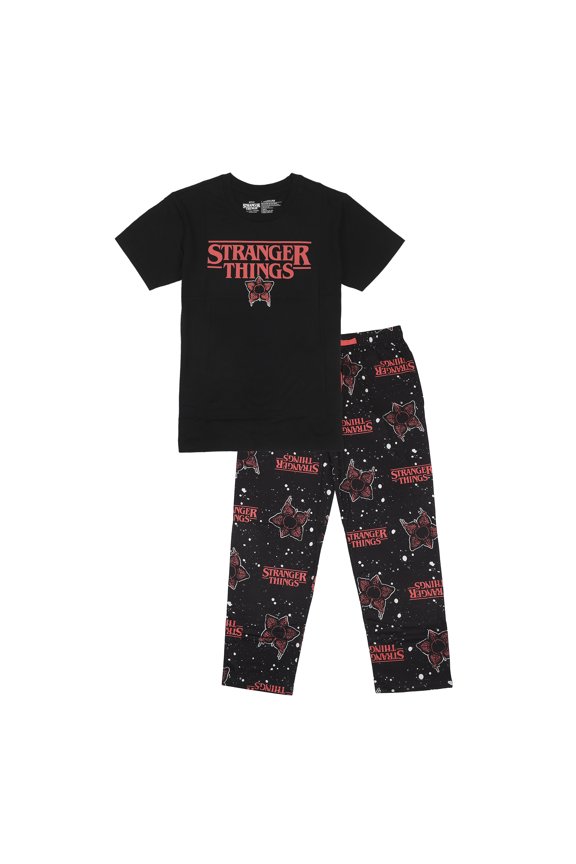 Stranger Thing Demogorgon Splatter Logo Women's Black Oversized Tee & Pants Sleep Set-Medium