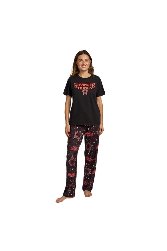 Stranger Thing Demogorgon Splatter Logo Women's Black Oversized Tee & Pants Sleep Set-Medium