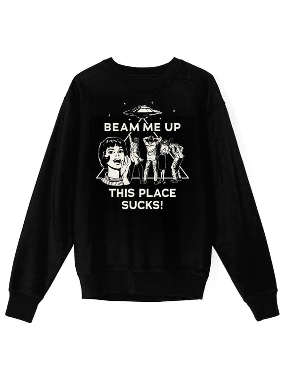 Stranger Things 5 Beam Me Up Scotty This Place Sucks Adult Black Crew Neck Long Sleeve Sweatshirt-Large