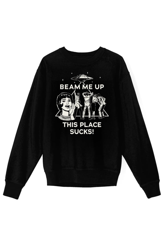 Stranger Things 5 Beam Me Up Scotty This Place Sucks Adult Black Crew Neck Long Sleeve Sweatshirt-Medium