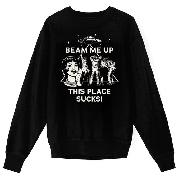 Stranger Things 5 Beam Me Up Scotty This Place Sucks Adult Black Crew Neck Long Sleeve Sweatshirt-Small