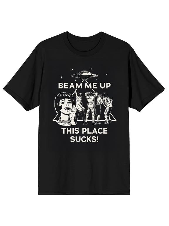 Stranger Things 5 Beam Me Up Scotty This Place Sucks Adult Black Crew Neck Short Sleeve T-shirt-XL