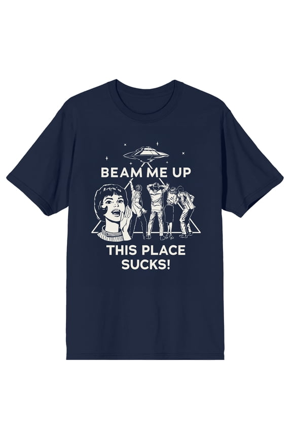 Stranger Things 5 Beam Me Up Scotty This Place Sucks Adult Navy Crew Neck Short Sleeve T-shirt-Large