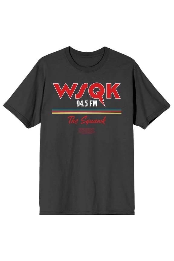Stranger Things 5 WSQK 94.5 FM The Squawk Men's Charcoal Crew Neck Short Sleeve T-shirt-Large
