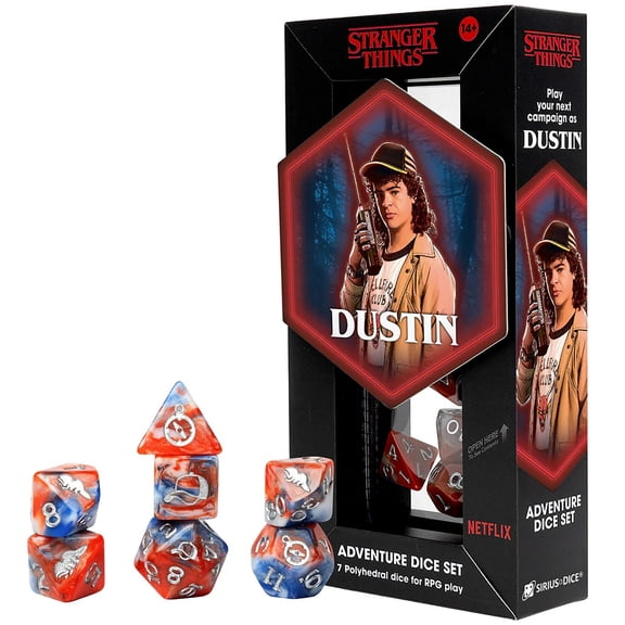 Stranger Things: Adventure Dice - Dustin - 7pc RPG Set, Orange Blue Swirl, Silver Icons, Bard Class, Collectible Roleplaying Game Accessory, Licensed