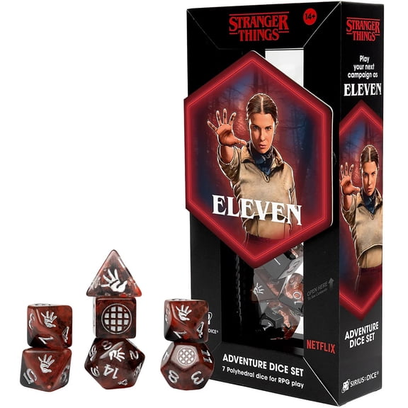 Stranger Things: Adventure Dice - Eleven - 7pc RPG Set, Black Red Swirl, Silver Icons, Mage Class, Collectible Roleplaying Game Accessory, Licensed