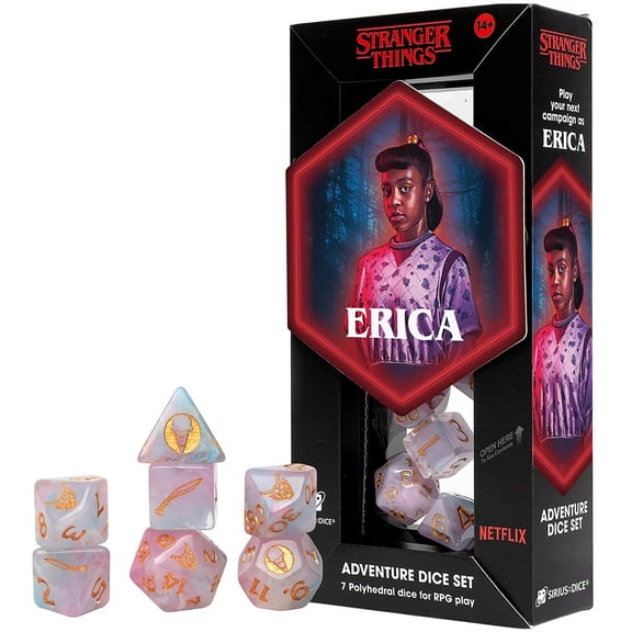 Stranger Things: Adventure Dice - Erica - 7pc RPG Set, Pink & Blue Swirl, Gold Icons, Rogue Class, Collectible Roleplaying Game Accessory, Licensed