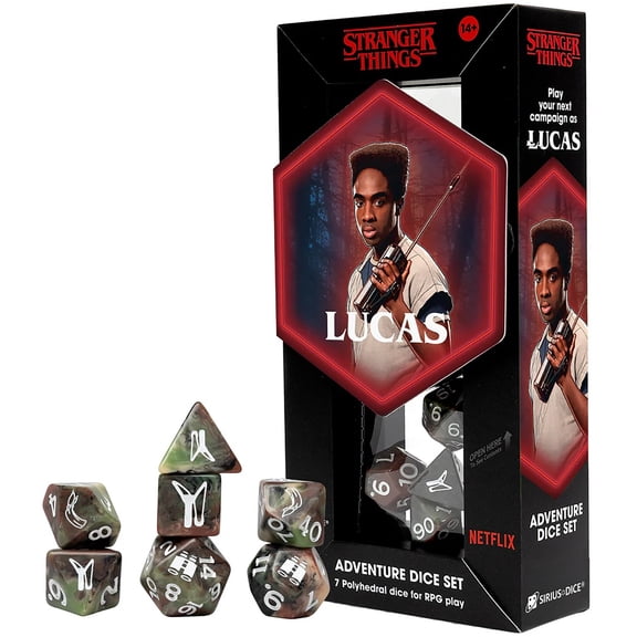 Stranger Things: Adventure Dice - Lucas - 7pc RPG Set, Green Brown Swirl, White Icons, Ranger Class, Collectible Roleplaying Game Accessory, Licensed