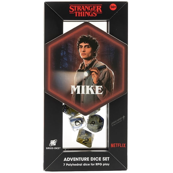 Stranger Things: Adventure Dice - Mike - 7pc RPG Set, Yellow Blue Swirl, Black Icons, Paladin Class, Collectible Roleplaying Game Accessory, Licensed