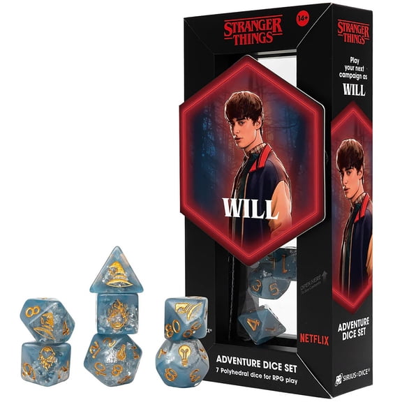 Stranger Things: Adventure Dice - Will - 7pc RPG Set, Blue & Silver Fleck, Gold Icons, Cleric Class, Collectible Roleplaying Game Accessory, Licensed