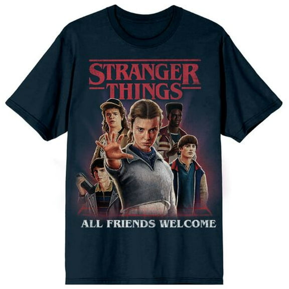 Stranger Things All Friends Welcome Men's Navy Crew Neck Short Sleeve T-shirt-Small