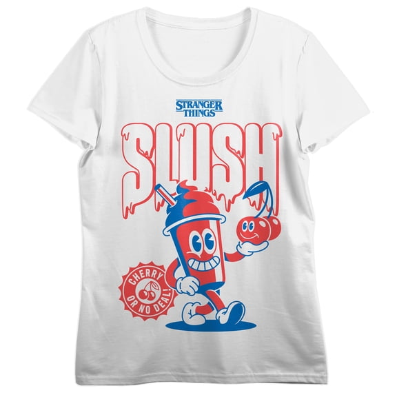 Stranger Things Cherry Slush Character Women’s White Crew Neck Short Sleeve T-shirt-Large