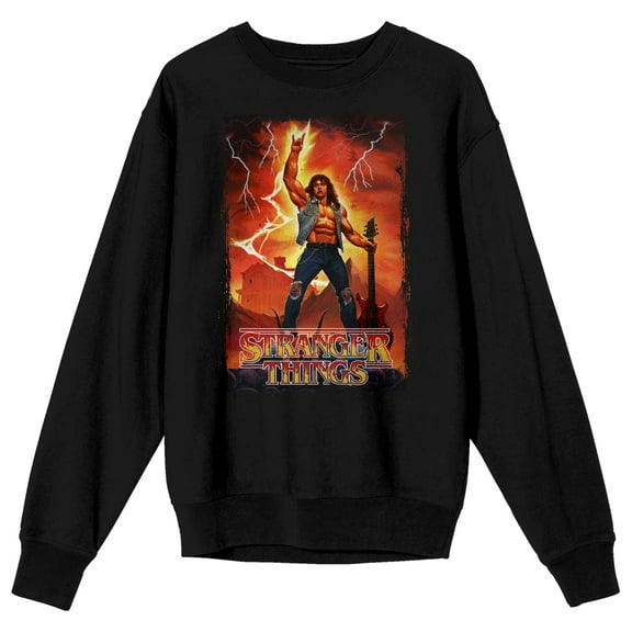 Stranger Things Eddie Munson Cover Art Adult Black Crew Neck Long Sleeve Sweatshirt-Small