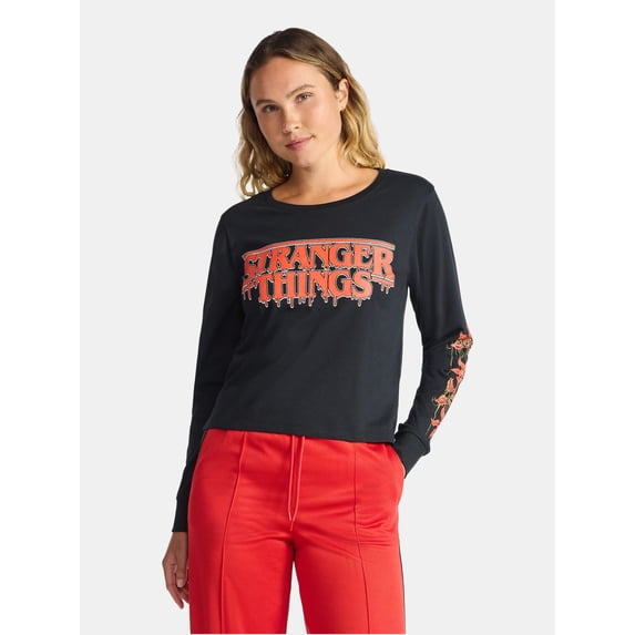 Stranger Things Graphic Cropped Tee with Long Sleeves, Women’s and Women’s Plus
