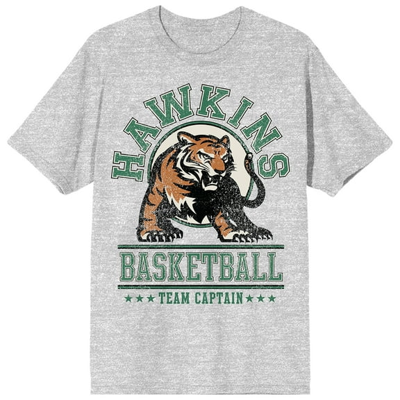 Stranger Things Hawkins Basketball Tiger Graphic Team Captain on Athletic Heather Ground Adult Crew Neck Short Sleeve T-shirt - 3XL