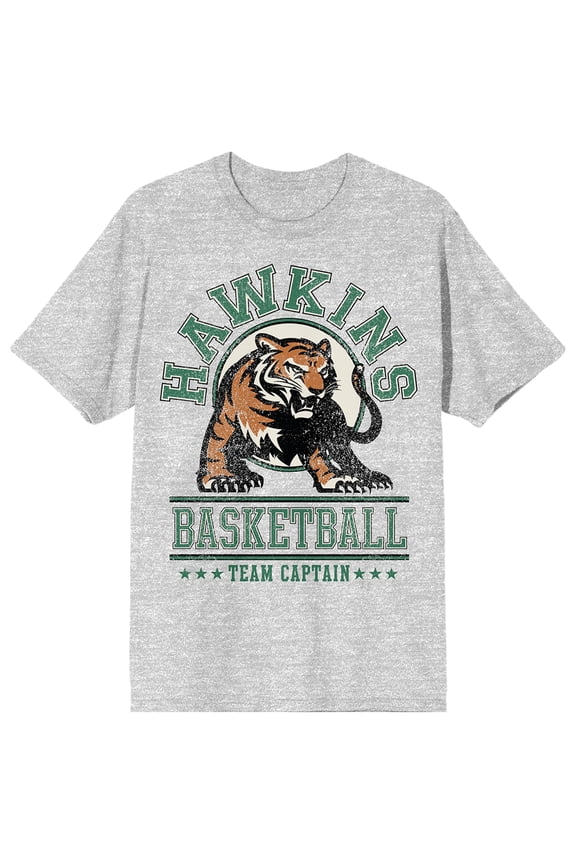 Stranger Things Hawkins Basketball Tiger Graphic Team Captain on Athletic Heather Ground Adult Crew Neck Short Sleeve T-shirt - Small