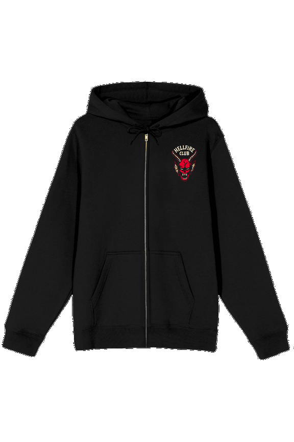 Stranger Things Hawkins Hellfire Demon With Sword Adult Black Long Sleeve Zip-Up Hoodie-Small