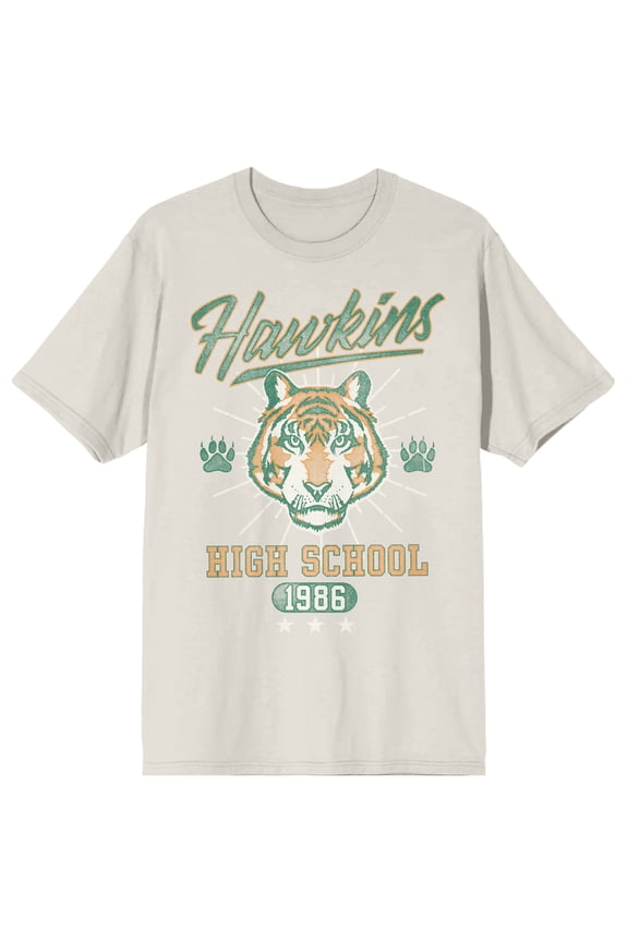 Stranger Things Hawkins High School 1986 Adult Sand Crew Neck Short Sleeve T-shirt-3XL