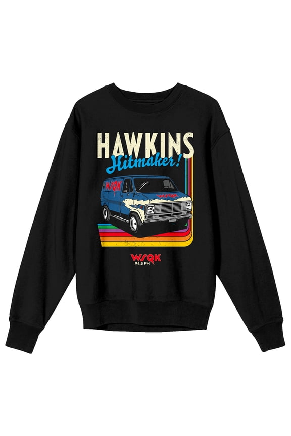 Stranger Things Hawkins Hitmaker Adult Black Crew Neck Long Sleeve Sweatshirt-Medium