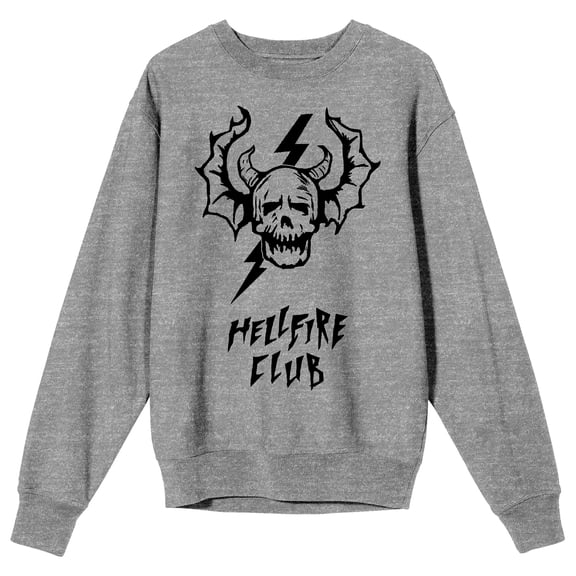 Stranger Things Hellfire Club Demon Skull Adult Athletic Heather Crew Neck Long Sleeve Sweatshirt-Large