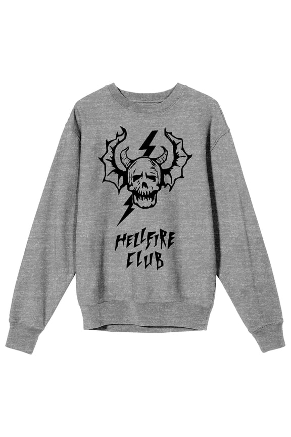 Stranger Things Hellfire Club Demon Skull Adult Athletic Heather Crew Neck Long Sleeve Sweatshirt-Large