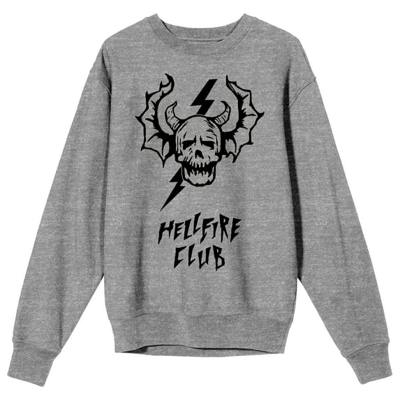 Stranger Things Hellfire Club Demon Skull Adult Athletic Heather Crew Neck Long Sleeve Sweatshirt-XL