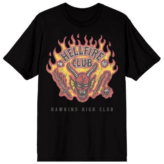 Stranger Things Hellfire Club Demon with Weapons Hawkins High Club on Black Ground Adult Crew Neck Short Sleeve T-shirt - XL