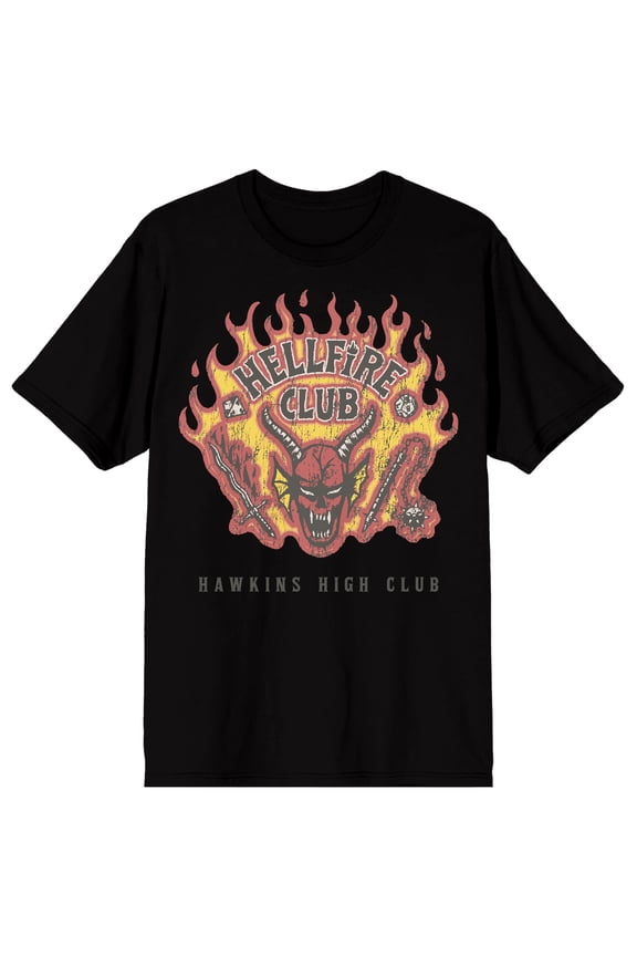 Stranger Things Hellfire Club Demon with Weapons Hawkins High Club on Black Ground Adult Crew Neck Short Sleeve T-shirt - XL