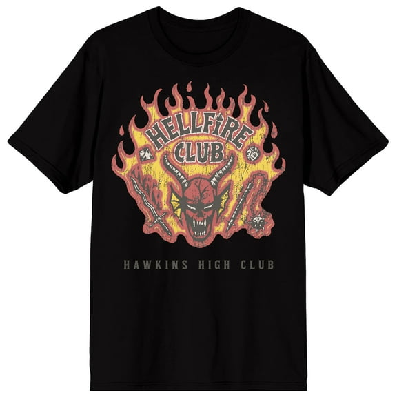 Stranger Things Hellfire Club Demon with Weapons Hawkins High Club on Black Ground Adult Crew Neck Short Sleeve T-shirt - XXL