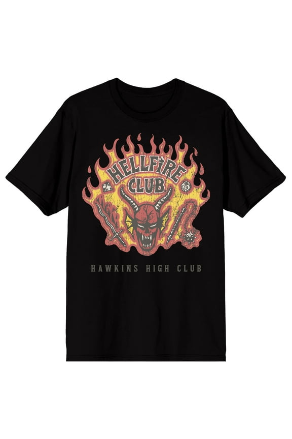 Stranger Things Hellfire Club Demon with Weapons Hawkins High Club on Black Ground Adult Crew Neck Short Sleeve T-shirt - XXL