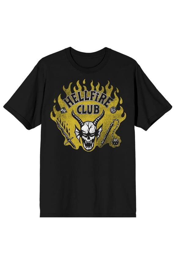 Stranger Things Hellfire Club Horned Skull In Flames Adult Black Crew Neck Short Sleeve T-shirt-3XL