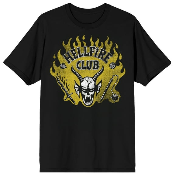 Stranger Things Hellfire Club Horned Skull In Flames Adult Black Crew Neck Short Sleeve T-shirt-Medium