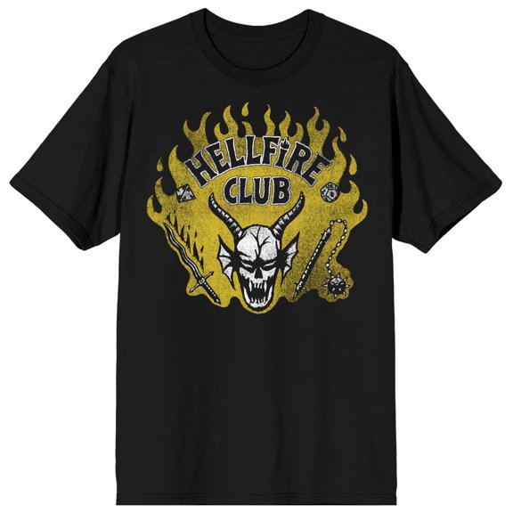 Stranger Things Hellfire Club Horned Skull In Flames Adult Black Crew Neck Short Sleeve T-shirt-Small