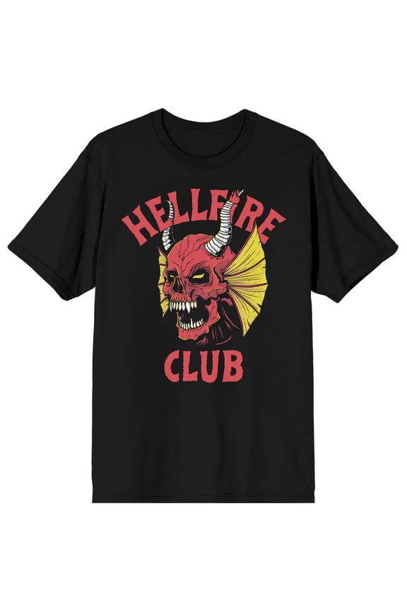 Stranger Things Hellfire Club Horned Winged Skull Adult Black Crew Neck Short Sleeve T-shirt-4XL