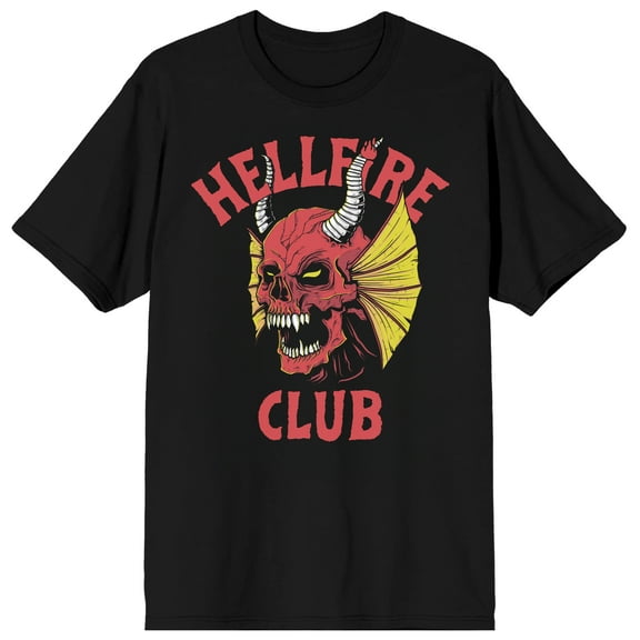 Stranger Things Hellfire Club Horned Winged Skull Adult Black Crew Neck Short Sleeve T-shirt-Large