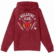 Stranger Things Hellfire Club Mens Red Mineral Wash Long Sleeve Hooded Sweatshirt - XL