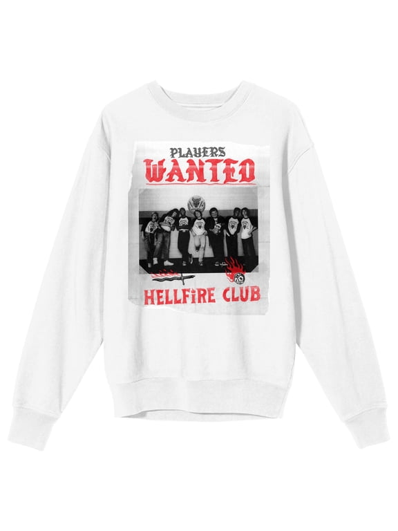 Stranger Things Hellfire Club Players Wanted Adult White Crew Neck Sweatshirt-Medium