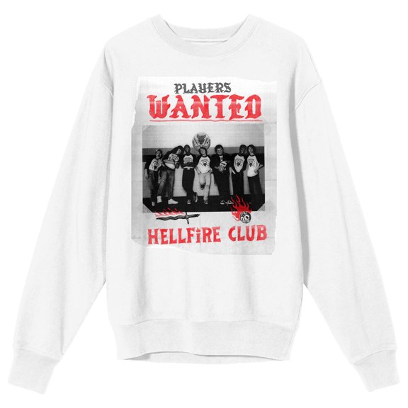 Stranger Things Hellfire Club Players Wanted Adult White Crew Neck Sweatshirt-Medium