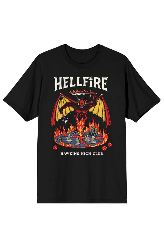 Stranger Things Hellfire Hawking High Club Men's Black Short Sleeve Tee-Large