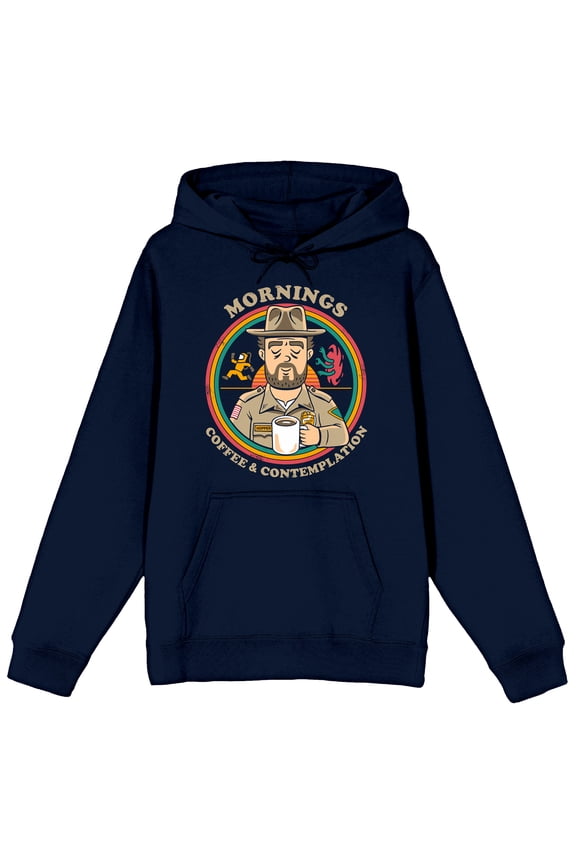 Stranger Things Jim Hopper Vector Art Morning Coffee & Contemplation Men's Navy Blue Graphic Hoodie-Medium