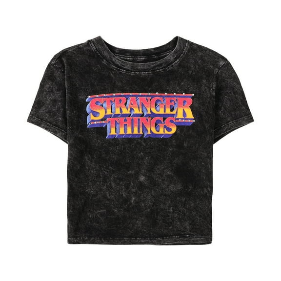 Stranger Things Logo Women's Black Mineral Wash Crew Neck Short Sleeve Cropped Baby Tee-Large