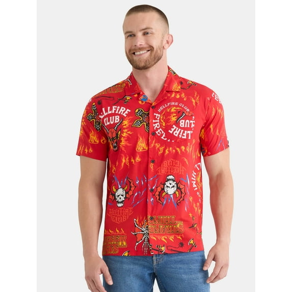 Netflix Stranger Things Men's and Big Men's Hellfire Club Print Button-Up Cotton Shirt with Short Sleeves, Sizes XS-3XL