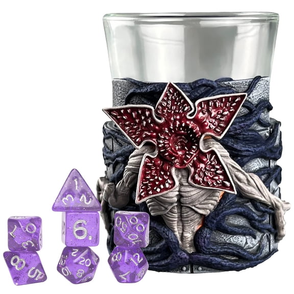 Stranger Things: Mini Dice Cup - Demogorgon - 7pc Purple & White Polyhedral Set, Detailed Character Sculpt On Glass Cup, Collectible RPG Accessories